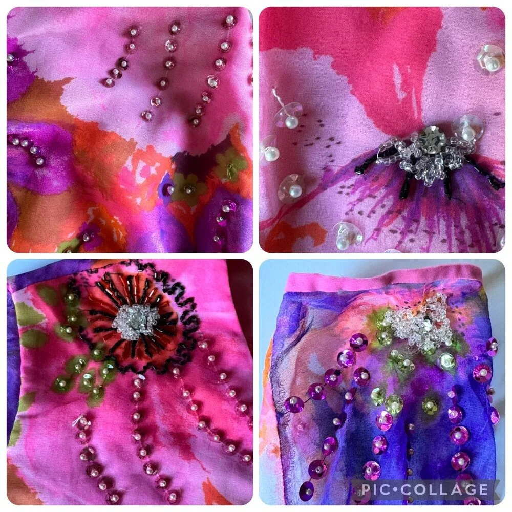 Miss Elliette California Hand-Beaded Floral Crop Blouse Sheer Sleeves Vtg 60s - Picture 3 of 16